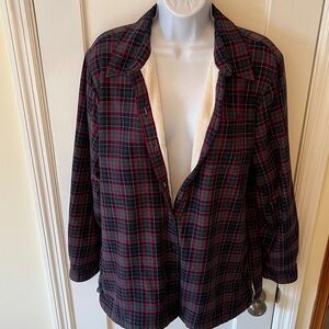 L.L. Bean Cotton Fleece Shacket Flannel Shirt Womens Med Plaid Jacket Cabin Cozy